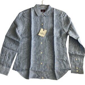 UNTUCKit Top Womens 4 Blue White Stripe Villa Fiore 100% Linen Button up